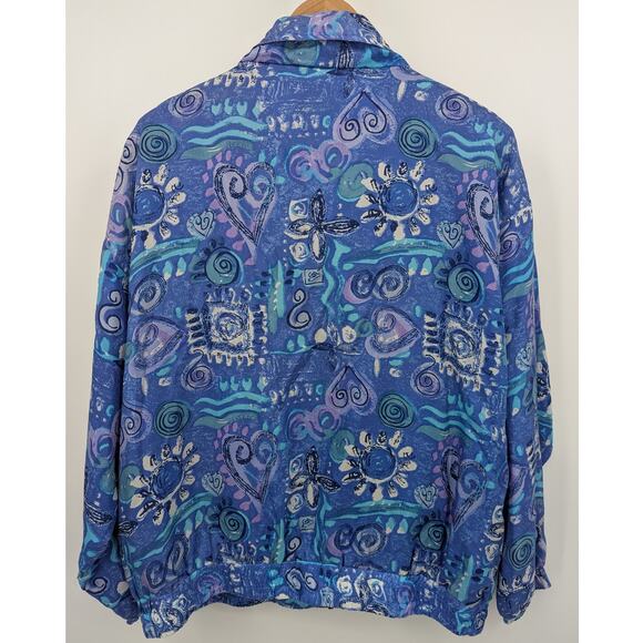 EVR 100% Silk Jacket XL Blue Abstract Pattern Windbreaker Style 90s 80s Retro - Picture 3 of 4